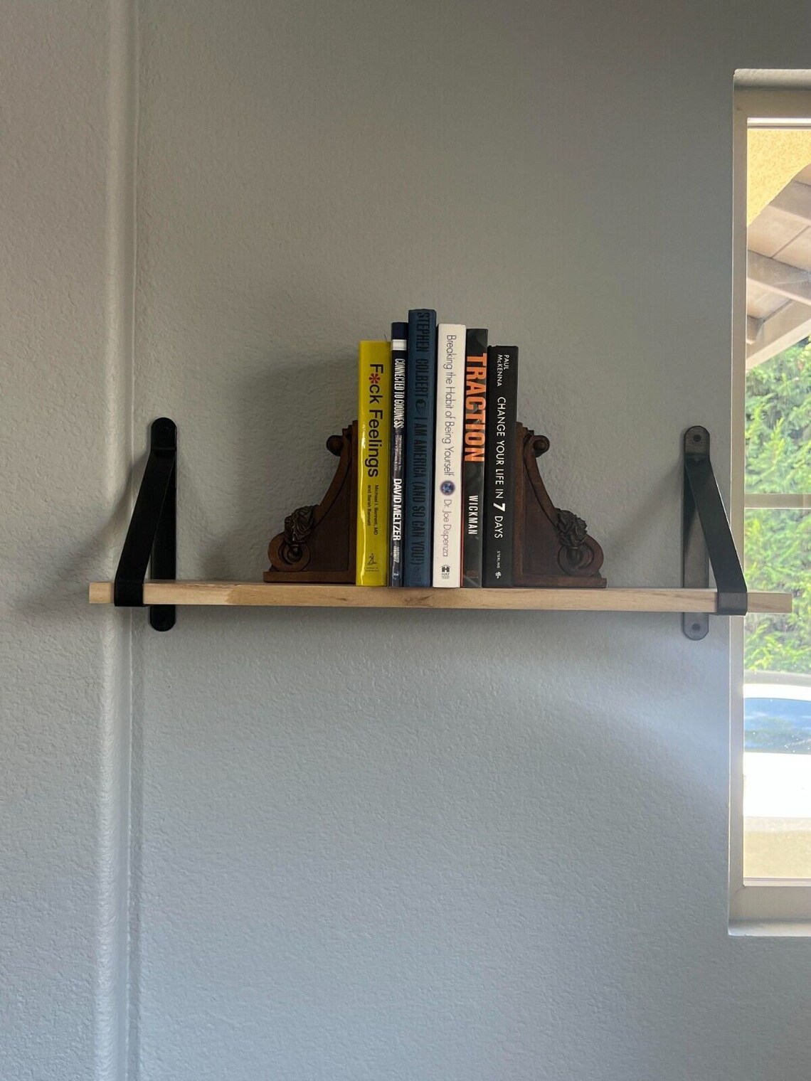 24 Inch Oak Wood Wall Shelf With Black Metal Brackets. Made by Etsy