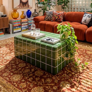 May include: A cozy living room with a burnt orange sofa, a green tiled coffee table, and a patterned rug. Artwork and plants decorate the space, creating a warm and inviting atmosphere. Books and decorative vases add pops of color.