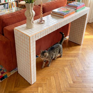 May include: A living room scene featuring a rust-colored corduroy sofa, a white tiled console table, and a tabby cat. The table holds books and a vase of flowers. Artwork and plants decorate the room, creating a cozy atmosphere.