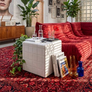 May include: A modern living room with a red sofa, a white tiled side table, and a patterned red rug. Decorative items include books, vases, and a large portrait. Plants and natural light enhance the space.