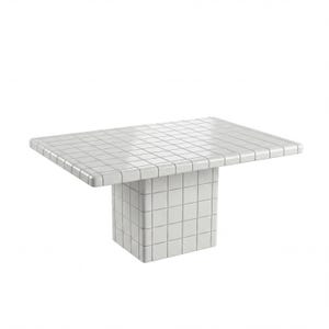 May include: A white, square-topped table with a single, block-shaped base. The table's surface and base are covered in a grid pattern of small, square tiles. The table is a modern design, suitable for various interior settings.