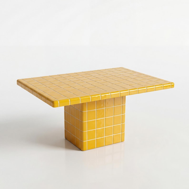 May include: A yellow tiled coffee table with a rectangular top and a square base. The table is constructed from yellow tiles with white grout. The design is modern and the table is a solid, bright colour. The table is approximately 100cm long.