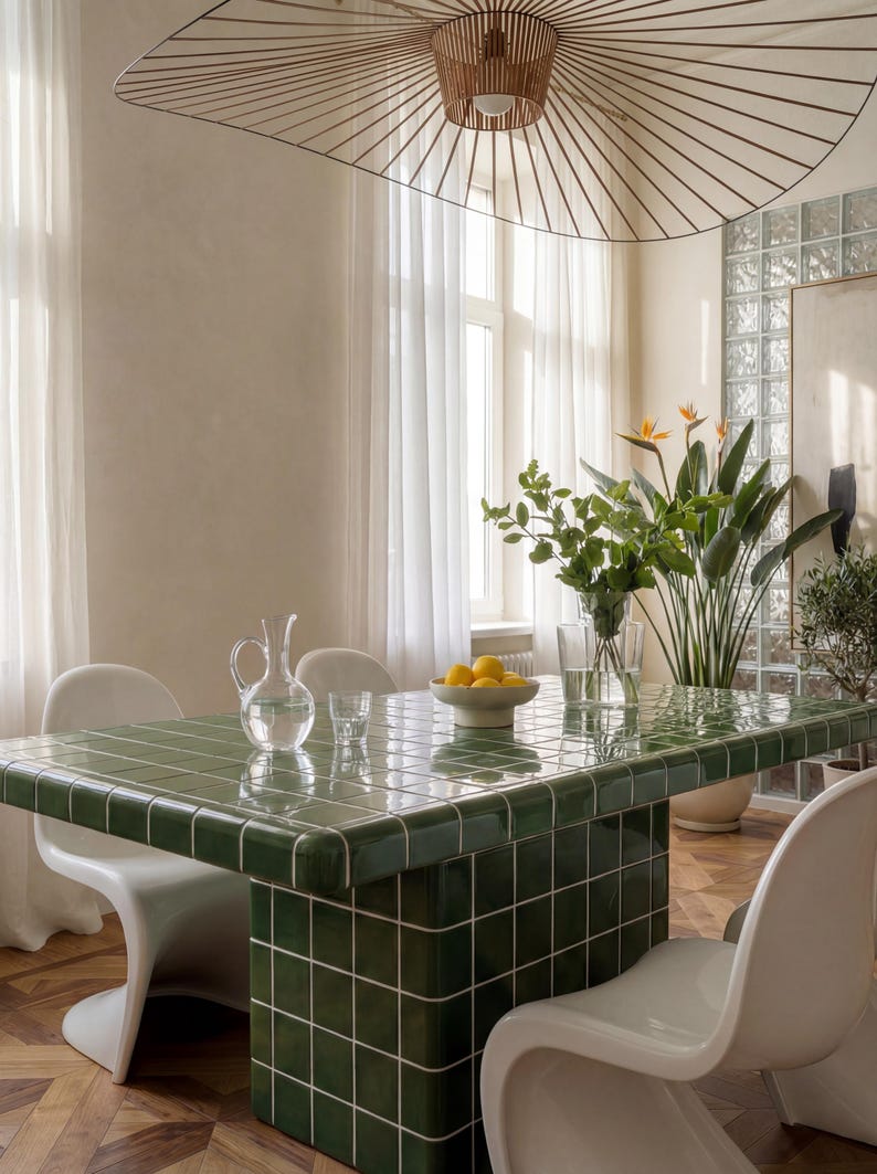May include: A dining room featuring a green tiled table, white chairs, and a large, decorative light fixture. The table is set with a jug of water, glasses, and a bowl of lemons. Tall plants and sheer curtains are visible.