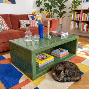 May include: A green tiled coffee table with a lower shelf holds books. A sleeping tabby cat rests on a colourful geometric rug. A red corduroy sofa and plants are in the background.