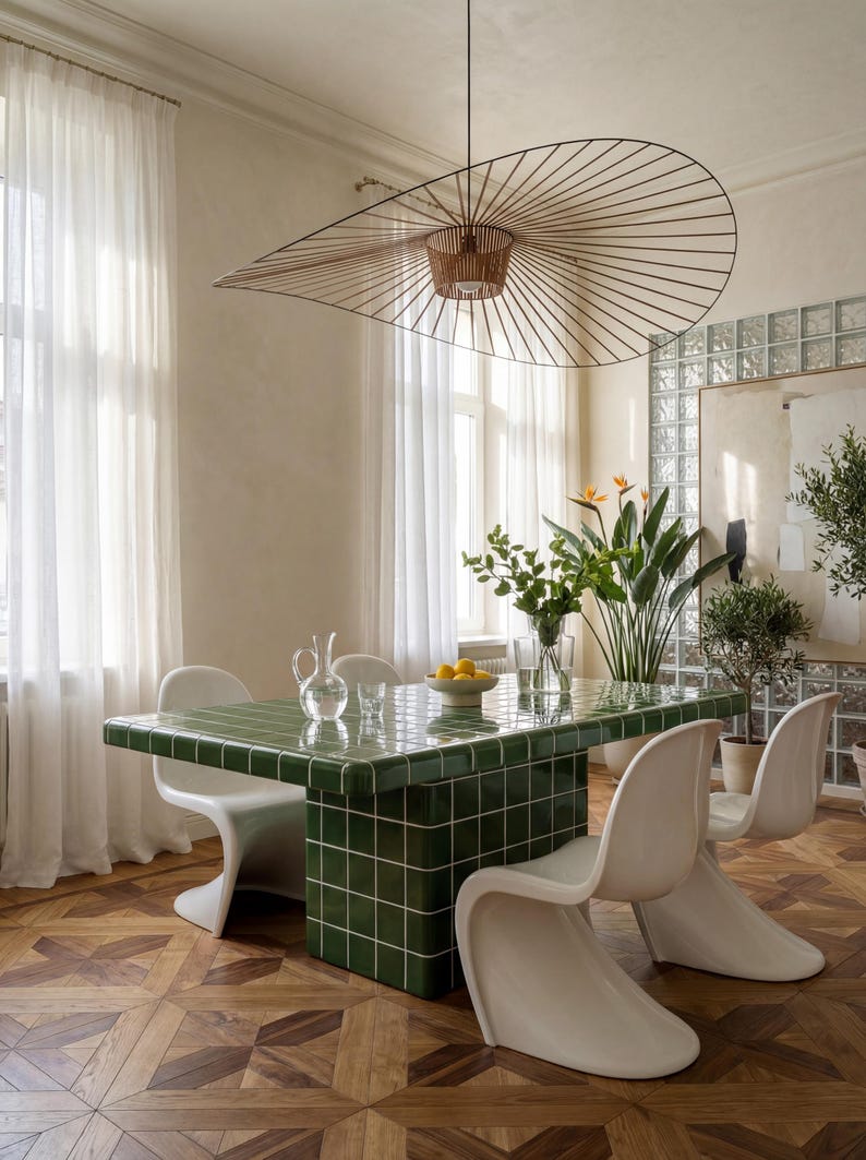 May include: A dining room with a green tiled table and white chairs. A large, decorative light fitting hangs above the table. The room has hardwood flooring and large windows with sheer curtains. Plants and a jug of water are on the table.