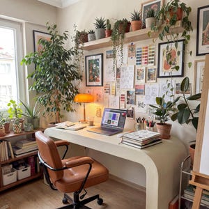 Può includere: Un ufficio domestico luminoso con una scrivania curva, una sedia in pelle marrone e un laptop. La scrivania è circondata da piante, opere d'arte e cancelleria. Una calda lampada arancione è sulla scrivania. L'ambiente è creativo.