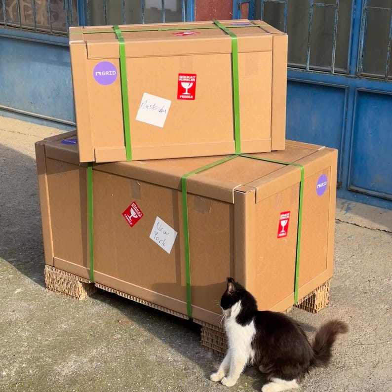 May include: Two large, stacked cardboard boxes secured with green straps. Each box has a purple logo and red "Fragile" stickers. One box has a sticker that says "New York". A black and white cat sits near the boxes.