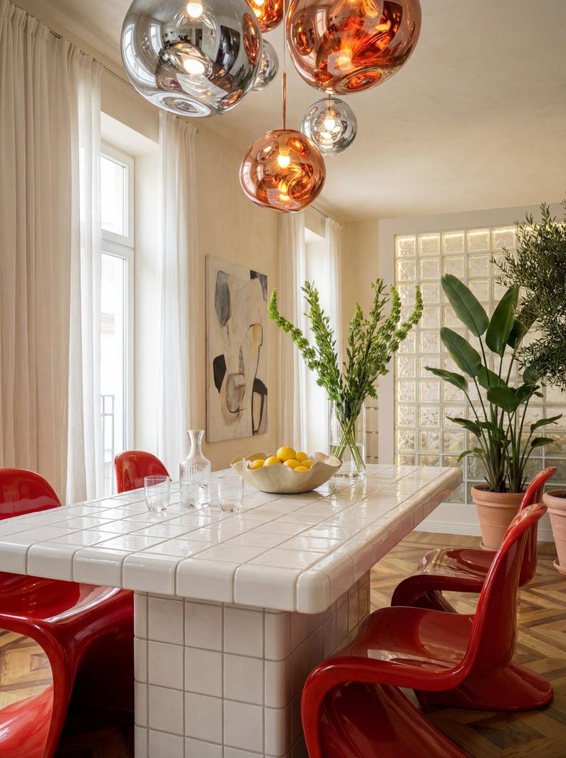 May include: A dining room featuring a white tiled table, red chairs, and a cluster of hanging globe lights. A vase of greenery and a bowl of lemons are on the table. Large potted plants and a painting are also present.