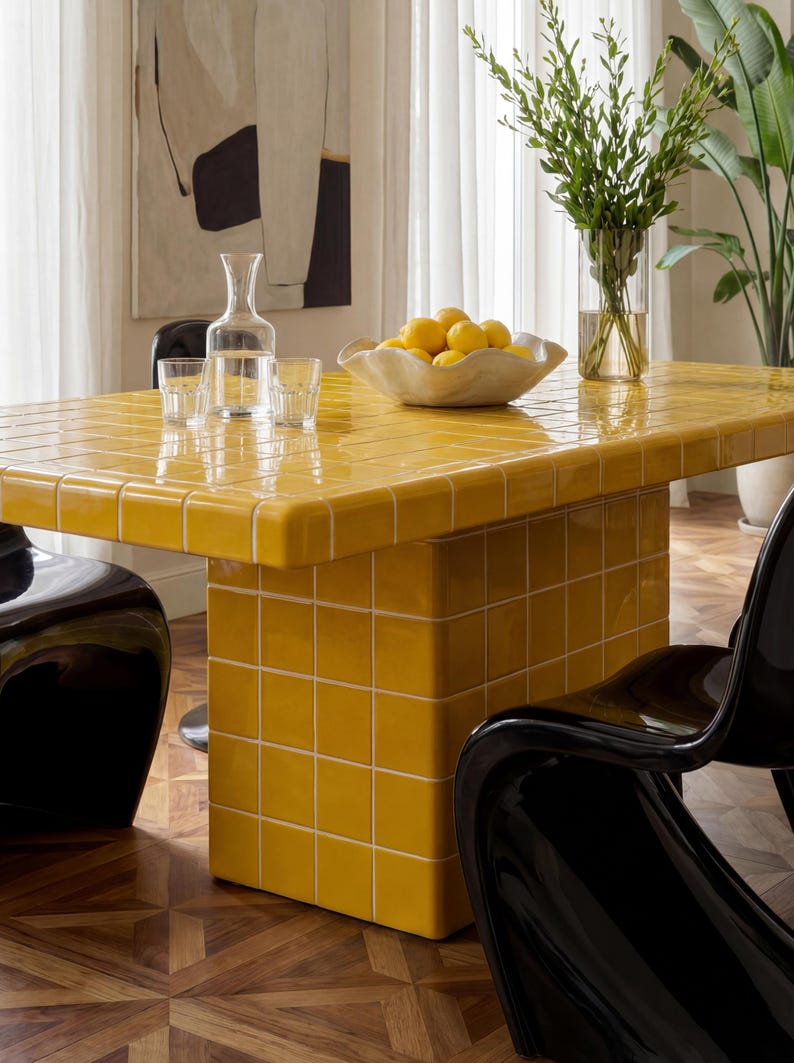 May include: A contemporary dining table with a vibrant yellow tiled surface. The table has a rectangular top and a single pedestal base. A bowl of lemons, a glass carafe, and two glasses are on the table. Black chairs surround the table, and a vase of greenery is visible.