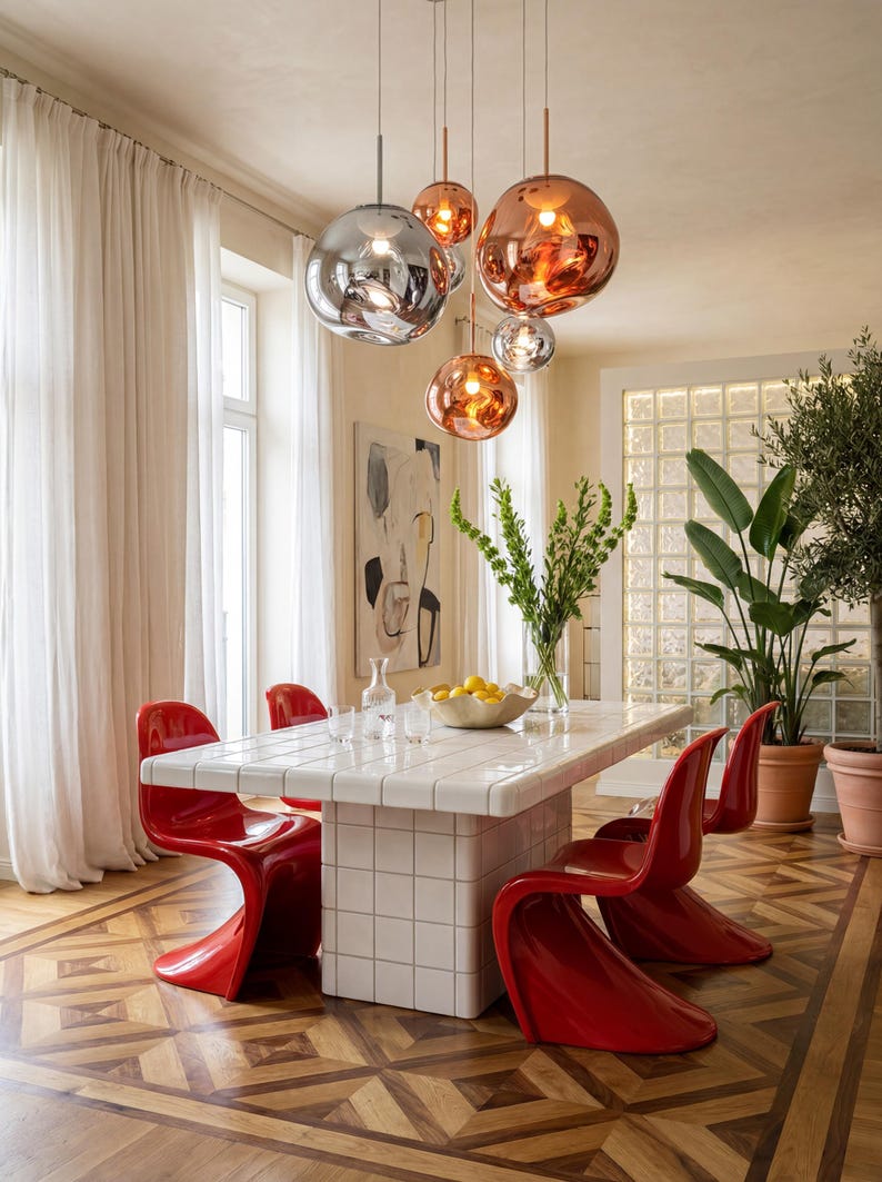 May include: A dining room with a white tiled table and red chairs. Above the table are spherical pendant lights in silver and copper. The room has hardwood flooring and large potted plants. The table is approximately 180 cm long.