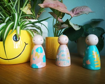 hand painted gift. You Are Lovely Positive Peg Pal set Peg dolls