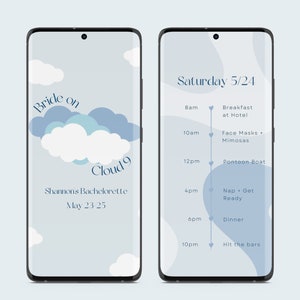 Szablon wieczoru panieńskiego w stylu Cloud 9 i mobilny plan podróży | POBIERZ, Edytuj na Canva, Do wydrukowania