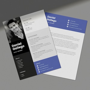 Könnte beinhalten: Schwarzweiß-Lebenslauf mit einem Porträt von Daniel Gallego, UX/UI-Designer. Der Lebenslauf listet seine Ausbildung, Erfahrung, Fähigkeiten und Kontaktinformationen auf.