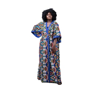 Plus Size African Clothing for women | Ankara Kimono Jacket | Full Length African Print Kimono Duster Blue Multi | Long Handmade Robe Dress