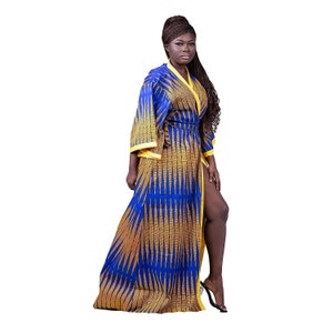 African Clothing for women | Ankara Kimono Jacket | Full Length African Print Kimono Duster In Blue/Yellow | Long Robe Dress