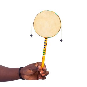 Handcrafted In Ghana Shake Rattle Hand Bell Drum African Kente Fabric Covered Traditional Percussion Musical Instrument (9 inches)