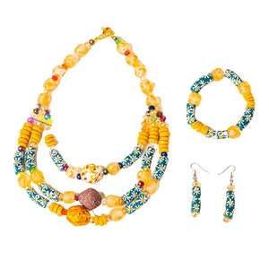 3 Step Authentic Handmade Krobo Cedi Glass Beaded Jewelry Set from Ghana - Necklace, Bracelet and Earrings Beautiful Beaded Design