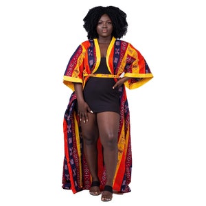 African Clothing for women | Ankara Kimono Jacket | Full Length African Print Kimono Duster In Tribal Multi | Long Handmade Robe Dress