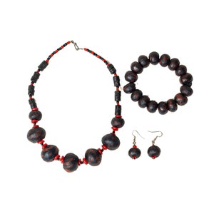 Red/Black Authentic Handmade Krobo Cedi Glass Beaded Jewelry Set from Ghana - Necklace, Bracelet and Earrings Beautiful Beaded Design
