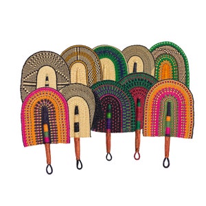 Elegant and Handmade: One African Handheld Fan from Ghana 17-20&quot; with Woven Designs and Leather Handles Men & Women