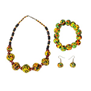 Red/Yellow/Green Authentic Handmade Krobo Cedi Glass Beaded Jewelry Set from Ghana - Necklace, Bracelet and Earrings Beautiful Beaded Design