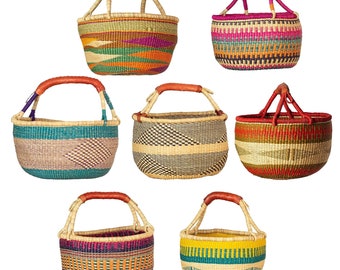Handmade In Ghana Bolga Basket Large Bolgatanga Round Storage Multi-purpose Basket Two Leather Wrapped Handle SHIPS FLAT (15"-18" Across)