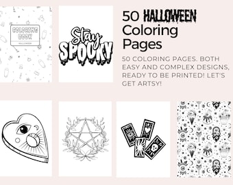 May include: A set of 50 black and white Halloween coloring pages. The pages feature various spooky designs, including a ghost, a heart with an eye, a pentagram, tarot cards, and a pattern of eyes, stars, and pumpkins. The text "50 HALLOWEEN Coloring Pages" is at the top of the image. The text "50 COLORING PAGES. BOTH EASY AND COMPLEX DESIGNS, READY TO BE PRINTED! LET'S GET ARTSY!" is below the title.