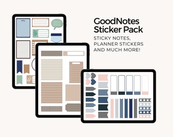 May include: Three digital tablet screens displaying a variety of GoodNotes sticker packs. The stickers are in shades of brown, blue, grey, and pink. The stickers include sticky notes, planner stickers, and more.