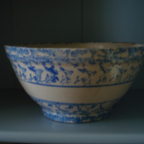 Antique Spongeware Bowl/Blue and White/Early 1900's