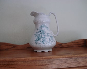 Vintage Ironstone Pitcher/Victorian/Teal Transferware/East Liverpool Potteries/Ohio/1844-1939