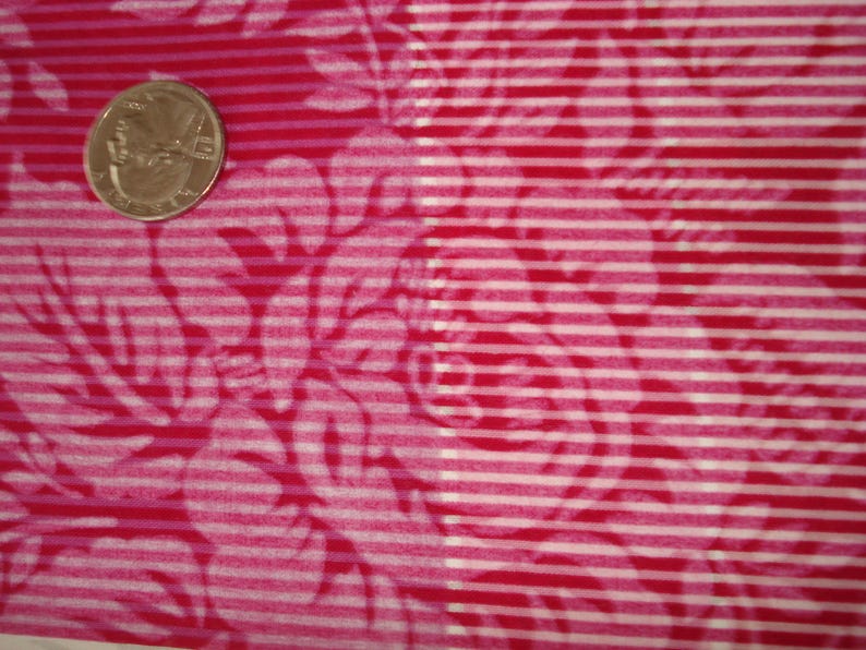 May include: Close-up of a fabric with a floral pattern in shades of red and pink, overlaid with white horizontal stripes. A U.S. quarter coin is placed on the fabric for scale.
