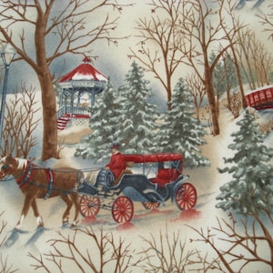 May include: A winter scene fabric featuring a horse-drawn carriage on a snowy path. The image includes a red-roofed gazebo, a red bridge, and bare trees. The carriage is red and black, and the horse is brown.