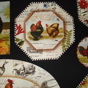 May include: A collection of fabric pieces with rooster and hen illustrations. The designs feature a variety of rooster images, floral accents, and vintage-style text elements. The color palette includes red, brown, and cream.