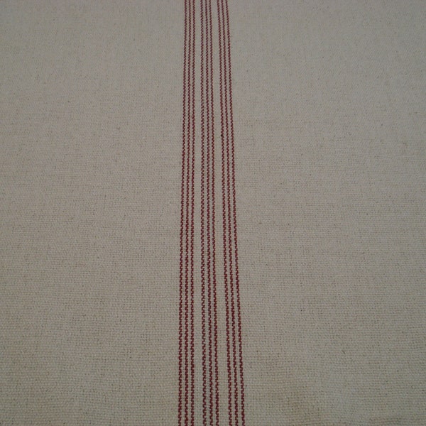 Grain Sack Fabric/Burgundy 9 Stripe/Beige Background/Upholstery Weight/35 1/2 Inches Long