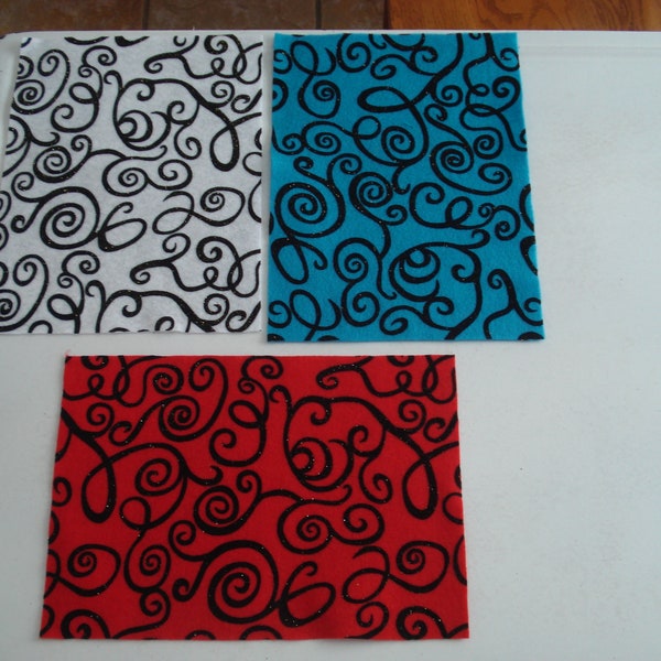 Fanci Felt/Swirled Design/Glittered/Dark Teal Blue/Red/White/Black Glittered Swirls/ 9 x12/USA