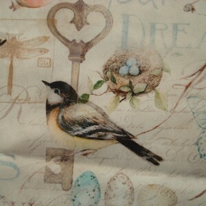 May include: A vintage-style fabric with a beige background featuring a bird, a key, a dragonfly, a nest with blue eggs, and the words "Dream" and "Fields".