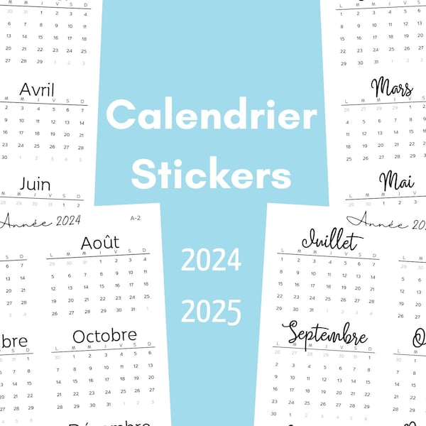 Calendrier stickers | autocollants, bullet journal, planner, bujo, année, planificateur,stickers,weekly,journal,sticker sheet,2024,2025