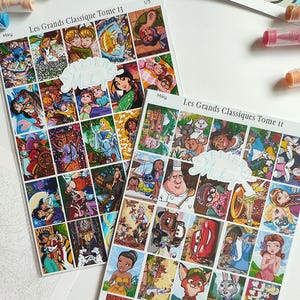 Peut inclure: Deux planches d'autocollants rectangulaires intitulées Les Grands Classique Tome 13 et Les Grands Classiques Tome II, présentant une grille d'illustrations colorées de personnages et scènes animés, avec un logo Atelier Miky central.