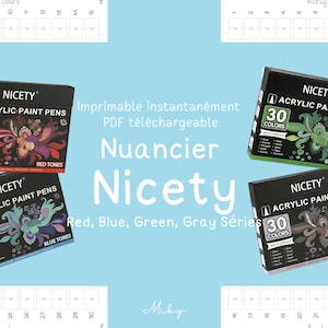 Nuancier Vierge PDF Nicety acrylic Red, Blue, Green, Gray 30 colors | Téléchargement Instantané | Modèle Imprimable Feutres Acryliques |