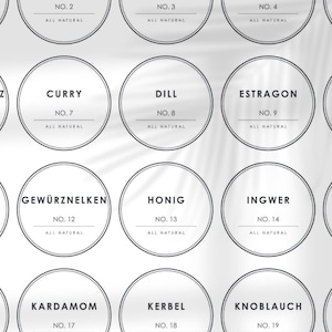 May include: Nine round, white labels with black borders and text. Each label has a number, a name, and the words "All Natural". The names are: Curry, Dill, Estragon, Gewürznelken, Honig, Ingwer, Kardamom, Kerbel, Knoblauch.