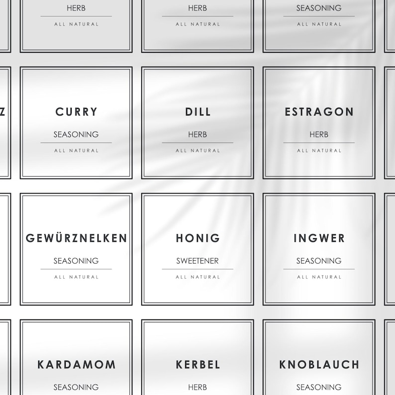 May include: Nine white square labels with black borders and text. The labels are arranged in a 3x3 grid. The text on the labels includes the names of herbs and spices, such as Curry, Dill, Estragon, Gew&uuml;rznelken, Honig, Ingwer, Kardamom, Kerbel, and Knoblauch. Each label also includes the words "Seasoning" or "Herb" and "All Natural".