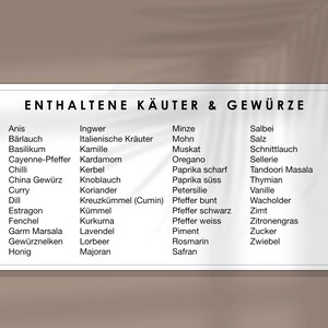 May include: A list of herbs and spices in German, including anise, basil, cayenne pepper, chili, curry, dill, estragon, fennel, garlic, ginger, Italian herbs, lavender, marjoram, mint, mustard, oregano, paprika, parsley, pepper, rosemary, saffron, sage, salt, thyme, vanilla, and more.