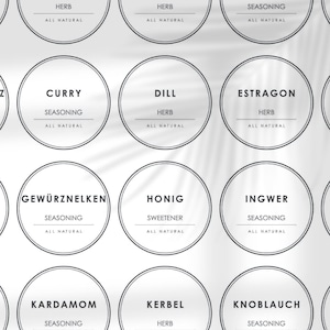 Op de afbeelding: Negen ronde witte etiketten met zwarte randen en tekst. De etiketten zijn voor verschillende kruiden en specerijen, waaronder curry, dille, dragon, gember en kardemom. Elk etiket vermeldt "Natuurlijk" en geeft aan of het om een kruid of een specerij gaat.