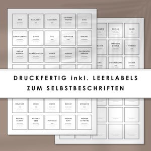 May include: Printable spice jar labels with German names for spices, such as anise, basil, chili, curry, dill, ginger, and more. The labels are black and white and have a simple design.