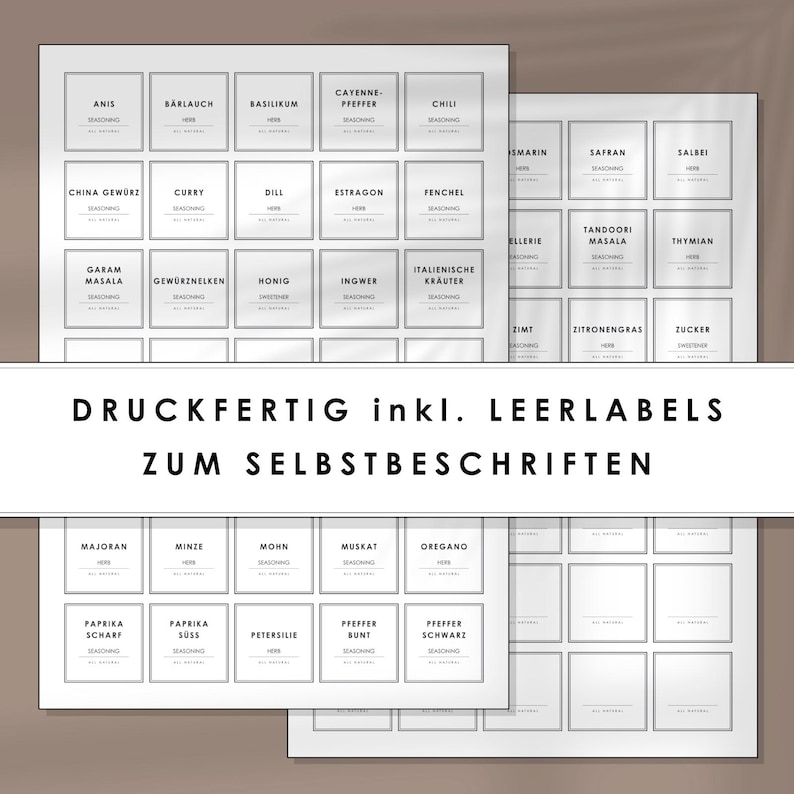 May include: Printable spice jar labels with German names for spices, such as anise, basil, chili, curry, dill, ginger, and more. The labels are black and white and have a simple design.
