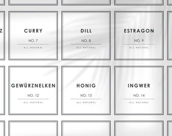 May include: A set of 10 white square labels with black borders and text. The labels are numbered 2, 3, 4, 7, 8, 9, 12, 13, 14, 17, 18, and 19. Each label has the word "ALL NATURAL" printed below the number. The labels are arranged in a grid of 4 rows and 3 columns. The labels are printed with the names of different spices and herbs, including Curry, Dill, Estragon, Gewürznelken, Honig, Ingwer, Kardamom, Kerbel, and Knoblauch.