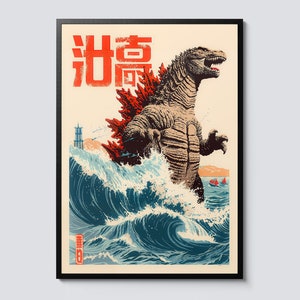 Great Wave of Zilla Poster, Cartoon Japanese Art Print, Anime Style Wall Art, Illustration Decor, Ukiyo-e Inspired Fantasy Sea Print, Gift