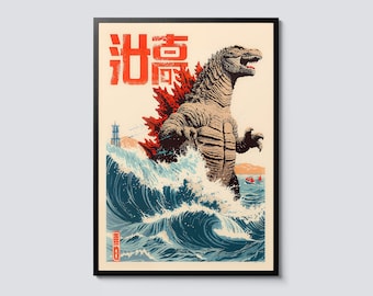 Great Wave of Zilla Poster, Cartoon Japanese Art Print, Anime Style Wall Art, Illustration Decor, Ukiyo-e Inspired Fantasy Sea Print, Gift