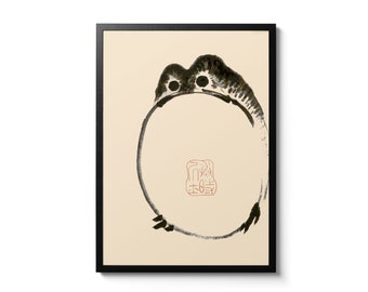 May include: Black and white ink painting of a frog in a circle with a red seal in the center. The seal has Chinese characters in it.