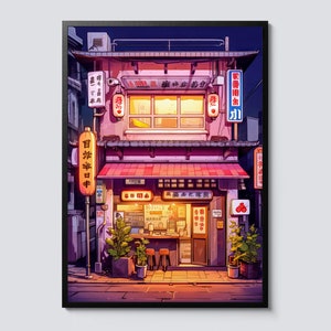 Pink Ramen Shop Modern Cartoon Illustration, Street Food Themed Wall Art Print, Japan City Decor, Perfect Gift Idea
